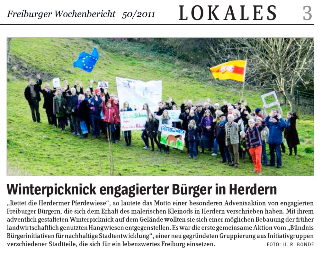 Starker Protest formierte sich gegen die Bebauung der Pferdewiese. Hier: Freiburger Wochenbericht vom 04.12.2011